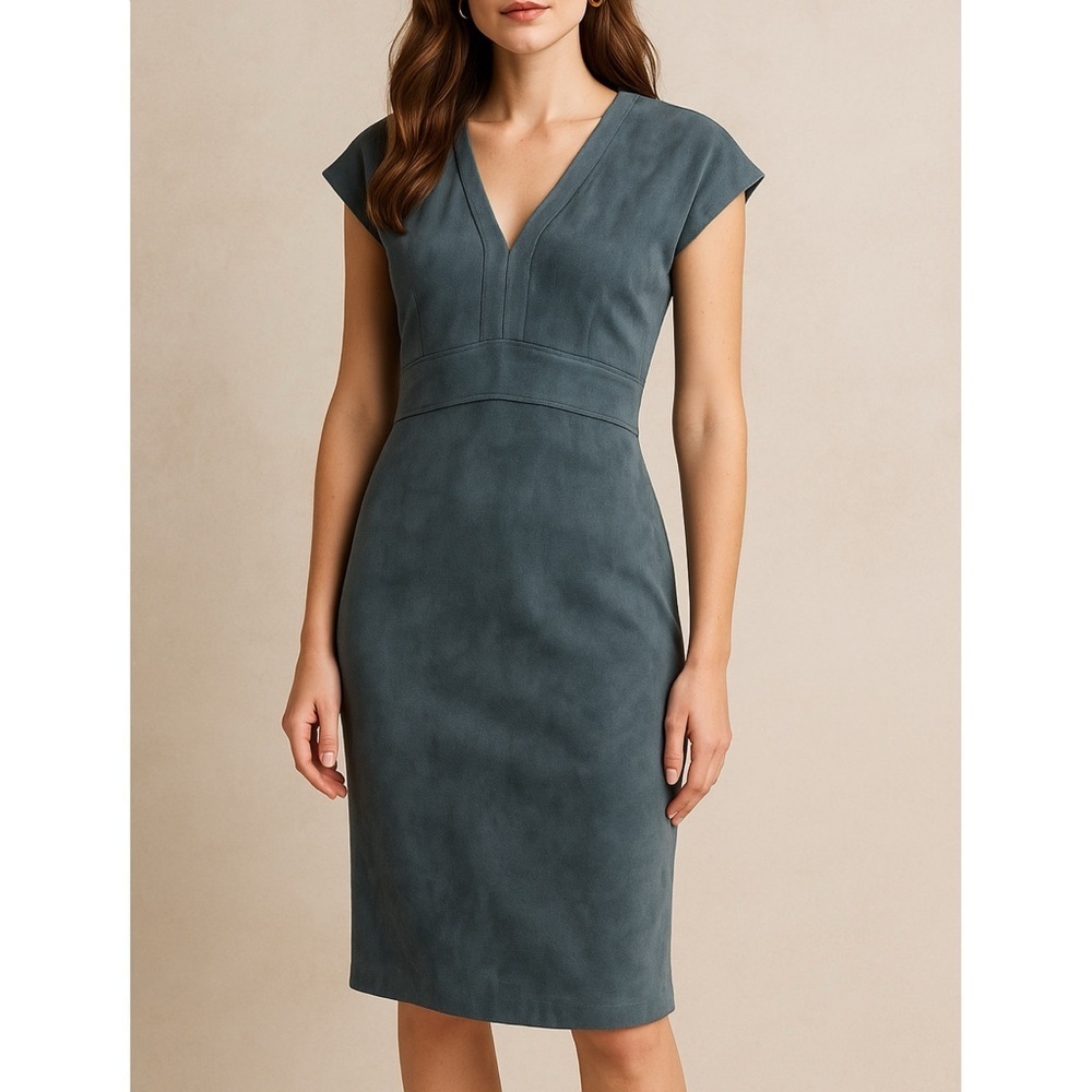 Level 99 Ivan Faux Suede V-Neck Sheath Dress Clearwater Gray Size L Minimalist